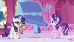 Size: 1600x900 | Tagged: safe, screencap, rarity, starlight glimmer, a-dressing memories, g4, spoiler:a-dressing memories, spoiler:mlp friendship is forever, 9now, boutique, cutting, fabric, glasses, levitation, magic, mannequin, measuring tape, rarity's glasses, scissors, self harm, telekinesis