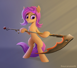 Size: 1694x1500 | Tagged: safe, artist:foxpit, oc, oc only, oc:amethyst arkin, earth pony, pony, abstract background, bipedal, cheek fluff, crepuscular rays, female, mare, not scootaloo, scythe, smiling, solo, weapon