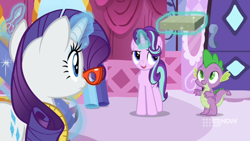 Size: 1600x900 | Tagged: safe, screencap, rarity, spike, starlight glimmer, dragon, a-dressing memories, g4, my little pony: friendship is forever, 9now, boutique, box, curtains, glasses, levitation, magic, measuring tape, rarity's glasses, scissors, telekinesis, winged spike, wings