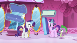 Size: 1600x900 | Tagged: safe, screencap, rarity, spike, starlight glimmer, a-dressing memories, g4, spoiler:a-dressing memories, spoiler:mlp friendship is forever, 9now, book, boutique, clothes, curtains, dress, fabric, glasses, levitation, magic, measuring tape, mirror, raised arms, rarity's glasses, scissors, scrapbook, telekinesis