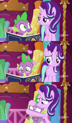 Size: 1280x2160 | Tagged: safe, edit, edited screencap, screencap, spike, starlight glimmer, pony, unicorn, a-dressing memories, g4, my little pony: friendship is forever, 9now, book, cuddling, female, heart, hug, kiss mark, lipstick, male, ship:sparlight, shipping, straight