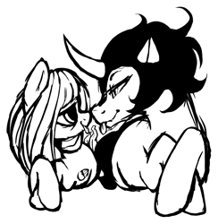 Size: 1087x1114 | Tagged: safe, artist:skulifuck, king sombra, oc, oc:shy sprout, earth pony, pony, unicorn, g4, :p, boop, canon x oc, crossed arms, curved horn, earth pony oc, female, horn, lineart, male, mare, monochrome, noseboop, prone, stallion, straight, tongue out