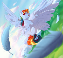 Size: 2161x1984 | Tagged: safe, artist:sunstriderart, rainbow dash, pegasus, pony, g4, cloud, ear fluff, feather, female, flying, mare, sky, solo, spread wings, wings
