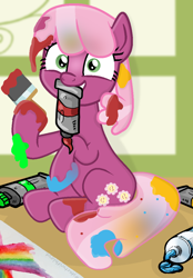 Size: 784x1124 | Tagged: safe, artist:grapefruitface1, artist:pikamander2, artist:seahawk270, cheerilee, earth pony, pony, g4, base used, cheeribetes, classroom, cute, embarrassed, female, looking at you, messy, mouth hold, paint, paintbrush, painting, show accurate, solo