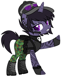 Size: 2100x2652 | Tagged: safe, artist:aestheticallylithi, oc, oc only, oc:shadow stalk, pony, unicorn, backpack, bandana, baseball cap, belt, boots, camouflage, cap, clothes, combat boots, ear piercing, earpiece, earring, eye scar, female, fingerless gloves, gloves, harness, hat, high res, jewelry, knife, mare, obtrusive watermark, pants, piercing, raised hoof, scar, shoes, simple background, skull, solo, sunglasses, tack, tank top, tattoo, torn clothes, transparent background, watch, watermark