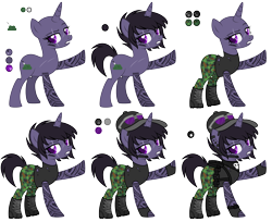 Size: 6504x5296 | Tagged: safe, artist:aestheticallylithi, oc, oc only, oc:shadow stalk, pony, unicorn, backpack, bandana, baseball cap, belt, boots, camouflage, cap, clothes, combat boots, ear piercing, earpiece, earring, eye scar, female, fingerless gloves, gloves, harness, hat, jewelry, knife, mare, pants, piercing, raised hoof, reference sheet, scar, shoes, simple background, skull, solo, sunglasses, tack, tank top, tattoo, torn clothes, transparent background, watch