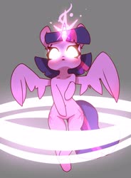Size: 3016x4096 | Tagged: safe, artist:luxaestas, twilight sparkle, alicorn, pony, g4, bipedal, female, glowing eyes, glowing horn, gray background, high res, horn, magic, mare, redraw, simple background, solo, spread wings, twilight sparkle (alicorn), wings