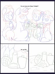 Size: 1280x1707 | Tagged: safe, artist:chedx, firelight, hondo flanks, snap shutter, wind rider, earth pony, pegasus, pony, unicorn, comic:the other grandparents, g4, basement, card game, carousel boutique, clothes, cologne, comic, commissioner:bigonionbean, cutie mark, dialogue, discussion, dust, facial hair, flashback, game, hat, magic, male, perfume, potion, sitting on butt, sketch, sketch dump, spider web, stallion, table, writer:bigonionbean