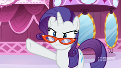 Size: 1600x900 | Tagged: safe, screencap, rarity, pony, a-dressing memories, g4, my little pony: friendship is forever, 9now, boutique, curtains, female, glasses, mirror, rarity's glasses, solo