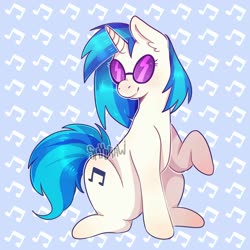 Size: 2000x2000 | Tagged: safe, artist:thereal_skydraw, dj pon-3, vinyl scratch, pony, unicorn, g4, cute, ear fluff, female, high res, mare, music notes, sitting, solo, vinylbetes