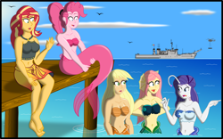 Size: 3202x2000 | Tagged: safe, artist:physicrodrigo, part of a set, applejack, fluttershy, pinkie pie, rarity, sunset shimmer, angler fish, bird, mermaid, series:equestria mermaids, equestria girls, g4, arm behind back, barefoot, battleship, belly button, bikini, bikini top, black eye, boat, breasts, busty applejack, busty fluttershy, busty pinkie pie, busty rarity, busty sunset shimmer, cleavage, clothes, cloud, disappearing clothes, dress, ear fins, feet, fins, gasp, gills, helicopter, high res, hug, mermaid tail, mermaidized, mermarity, mexico, midriff, military, navy, ocean, open mouth, part of a series, pier, pointing, ponytail, raised hand, sarong, seashell bra, ship, sitting, species swap, story included, surprised, swimsuit, tail hug, worried