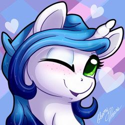 Size: 2720x2721 | Tagged: safe, artist:gleamydreams, oc, oc only, oc:gleamy, pony, unicorn, blushing, female, freckles, high res, mare, one eye closed, smiling, smiling at you, wink, winking at you