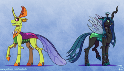 Size: 1772x1013 | Tagged: safe, artist:inuhoshi-to-darkpen, queen chrysalis, thorax, changedling, changeling, changeling queen, g4, blue background, changeling king, colored hooves, compound eyes, duo, exoskeleton, female, king thorax, male, nudity, raised hoof, sheath, simple background