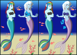 Size: 3100x2220 | Tagged: safe, artist:physicrodrigo, rainbow dash, trixie, angler fish, fish, mermaid, series:equestria mermaids, equestria girls, g4, 2 panel comic, belly button, bubble, clothes, coral, crossed arms, disappearing clothes, duo, duo female, earfins, female, fins, gills, grin, happy, high res, looking at each other, mermaid tail, mermaidized, midriff, ocean, open mouth, raised hand, ripping clothes, seashell bra, smiling, smirk, species swap, story included, surprised, swimsuit, torn clothes, transformed, underwater, wide eyes