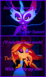 Size: 518x866 | Tagged: safe, artist:hypnovorelover, edit, sci-twi, sunset shimmer, twilight sparkle, equestria girls, g4, my little pony equestria girls: friendship games, comic, evil smile, grin, hypnosis, hypnotized, kaa eyes, midnight sparkle, resistance is futile, smiling, smirk, text