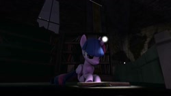Size: 1192x670 | Tagged: safe, twilight sparkle, alicorn, pony, g4, 3d, book, bookshelf, castle of the royal pony sisters, female, horn light, night, shadow, solo, source filmmaker, that pony sure does love books, twilight sparkle (alicorn)