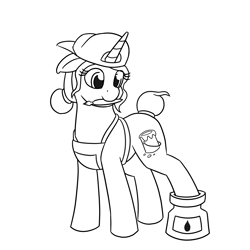 Size: 2000x2000 | Tagged: safe, artist:mkogwheel, fresh coat, pony, unicorn, g4, backwards ballcap, baseball cap, cap, cute, dip pen, female, hat, high res, ink, inkwell, lineart, looking back, mare, mouth hold, simple background, solo, white background