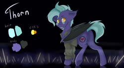 Size: 3328x1827 | Tagged: safe, artist:tavifly, oc, oc only, oc:teasy thorn, bat pony, pony, bat pony oc, bat wings, butt, cheek fluff, chest fluff, clothes, colored pupils, digital art, ear fluff, facial hair, fangs, floppy ears, folded wings, glasses, goatee, jacket, looking at you, male, plot, reference sheet, signature, solo, underhoof, wings