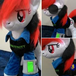 Size: 1080x1080 | Tagged: safe, artist:masha05, oc, oc only, oc:blackjack, pony, unicorn, fallout equestria, fallout equestria: project horizons, clothes, female, hair over one eye, irl, jumpsuit, mare, photo, pipbuck, plushie, security armor, smiling, solo, sunglasses, toy, vault security armor, vault suit
