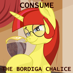 Size: 2000x2000 | Tagged: safe, artist:aaronmk, oc, oc only, oc:lefty pony, pony, amadeo bordiga, chalice, communism, consume the cum chalice, freckles, glasses, high res, interior, meme, smiling, smug, solo, spaghetti-o's, text, vector, yandere simulator, yanderedev