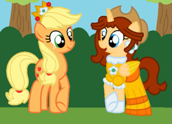 Size: 609x438 | Tagged: safe, artist:nibblesgerbil, artist:user15432, applejack, alicorn, earth pony, pony, g4, apple daisy, barely pony related, base used, bush, clothes, crossover, crown, dress, duo, ear piercing, earring, gloves, hanging out, jewelry, nintendo, piercing, princess daisy, regalia, super mario bros., tree