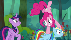 Size: 1280x720 | Tagged: safe, screencap, pinkie pie, rainbow dash, twilight sparkle, alicorn, pony, g4, the mean 6, female, forest, mare, smiling, twilight sparkle (alicorn)