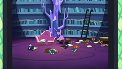 Size: 1920x1080 | Tagged: safe, screencap, twilight sparkle, alicorn, pony, unicorn, dragon dropped, g4, book, couch, fainting couch, female, ladder, library, mare, sitting, solo, twilight sparkle (alicorn), twilight's castle, twilight's castle library