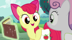 Size: 1280x720 | Tagged: safe, screencap, apple bloom, sweetie belle, earth pony, pony, unicorn, g4, the cart before the ponies, adorabloom, book, cute, female, filly, magic, open mouth, telekinesis