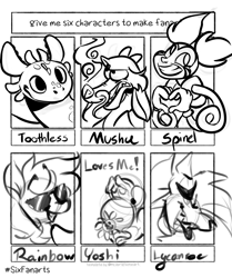 Size: 857x1024 | Tagged: safe, artist:charliedraws_, rainbow dash, chinese dragon, dragon, eastern dragon, gem (race), lycanroc, pegasus, pony, yoshi, g4, :d, crossover, female, flower, heart hands, how to train your dragon, lineart, male, mare, monochrome, mulan, mushu, out of frame, pokémon, six fanarts, smiling, spinel (steven universe), spoilers for another series, steven universe, steven universe: the movie, sunglasses, super mario bros., toothless the dragon