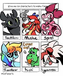Size: 857x1024 | Tagged: safe, alternate version, artist:charliedraws_, rainbow dash, chinese dragon, dragon, eastern dragon, gem (race), lycanroc, pegasus, pony, yoshi, g4, spoiler:steven universe: the movie, colored, crossover, female, flower, heart hands, how to train your dragon, lineart, male, mare, monochrome, mulan, mushu, out of frame, pokémon, six fanarts, smiling, spinel (steven universe), spoilers for another series, steven universe, steven universe: the movie, sunglasses, super mario bros., toothless the dragon