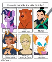 Size: 1005x1200 | Tagged: safe, artist:improse1, twilight sparkle, bat, human, pony, unicorn, anthro, g4, anthro with ponies, armor, attack on titan, bedroom eyes, brother bear, bust, captain amelia, clothes, crossover, female, glasses, grin, hands together, hat, jewelry, kenai, makeup, male, mulan, necklace, out of frame, rouge the bat, six fanarts, smiling, sonic the hedgehog, sonic the hedgehog (series), sword, treasure planet, unicorn twilight, weapon, zeke jaeger