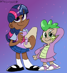 Size: 732x800 | Tagged: safe, artist:mirabuncupcakes15, spike, twilight sparkle, human, g4, clothes, converse, dark skin, female, hoodie, horn, horned humanization, humanized, male, mary janes, scroll, shirt, shoes, short, skirt, socks, t-shirt, vest