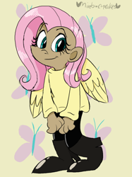 Size: 598x800 | Tagged: safe, artist:mirabuncupcakes15, fluttershy, human, g4, boots, clothes, dark skin, female, humanized, jeans, pants, shoes, solo, sweater, sweatershy, winged humanization, wings