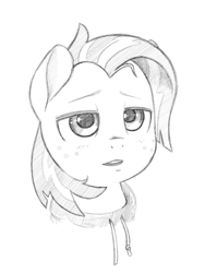 Size: 831x1107 | Tagged: safe, artist:trickydick, babs seed, earth pony, pony, g4, clothes, female, filly, freckles, grayscale, hoodie, lidded eyes, monochrome, open mouth, pencil drawing, simple background, solo, traditional art, white background