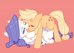 Size: 2048x1455 | Tagged: dead source, safe, artist:chapaghettii, applejack, rarity, earth pony, pony, unicorn, g4, duo, female, kissing, lesbian, lying down, pinned, pinned down, red background, ship:rarijack, shipping, simple background, tickling