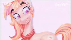 Size: 1280x720 | Tagged: safe, alternate version, artist:littmosa, pony, cute, female, flower, handkerchief, noise, smiling, solo, text, vhs