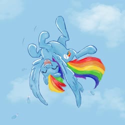 Size: 2048x2048 | Tagged: safe, artist:pfeffaroo, part of a set, rainbow dash, pegasus, pony, g4, backwards cutie mark, cloud, cute, eyes closed, feather, female, flying, high res, laughing, mare, sky, solo, upside down