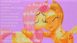 Size: 1280x720 | Tagged: safe, alternate version, artist:cloudy glow, artist:littmosa, applejack, fluttershy, pegasus, pony, g4, cute, duo, eyes closed, female, folded wings, hug, lyrics, purple background, simple background, smiling, song, text, wings
