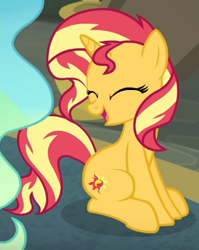 Size: 327x411 | Tagged: safe, screencap, princess celestia, sunset shimmer, pony, unicorn, equestria girls, equestria girls specials, g4, my little pony equestria girls: better together, my little pony equestria girls: forgotten friendship, cropped, cute, eyes closed, female, laughing, mare, shimmerbetes, sitting, solo focus