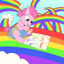 Size: 1280x1280 | Tagged: safe, artist:m3g4p0n1, pinkie pie, earth pony, pony, g4, diaper, female, filly, filly pinkie pie, foal, grin, hoof painting, painting, poofy diaper, rainbow, smiling, solo, younger