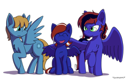 Size: 1920x1200 | Tagged: safe, artist:skydreams, oc, oc only, oc:skittlebug, oc:skitzy, oc:windstorm, pegasus, pony, chest fluff, commission, family photo, female, filly, glasses, mare, simple background, smiling, spread wings, transparent background, wings