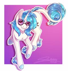Size: 1778x1864 | Tagged: safe, artist:saunau_, dj pon-3, vinyl scratch, pony, unicorn, g4, abstract background, colored hooves, female, leonine tail, mare, redraw, smiling, solo