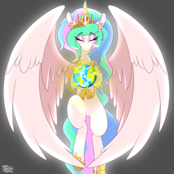 Size: 4000x4000 | Tagged: safe, artist:tatemil, princess celestia, alicorn, pony, g4, ear fluff, earth, eyes closed, female, giantlestia, glowing horn, horn, macro, magic, mare, pony bigger than a planet, solo, spread wings, wings