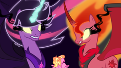 Size: 4000x2250 | Tagged: safe, artist:orin331, luster dawn, sunset shimmer, twilight sparkle, alicorn, demon, demon pony, original species, pony, unicorn, a royal problem, equestria girls, g4, alicornified, corrupted, dark magic, digital art, equestria girls ponified, female, high res, lustercorn, magic, mare, midnight sparkle, midnightsatan, ponified, princess midnight, sunset satan, trio, trio female, twilight sparkle (alicorn)