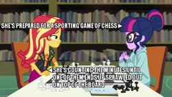 Size: 700x394 | Tagged: safe, edit, edited screencap, screencap, sci-twi, sunset shimmer, twilight sparkle, equestria girls, equestria girls series, g4, the finals countdown, book, bookshelf, checklist, chess, chessboard, chessboard incorrectly oriented, clothes, cute, female, gendo pose, hoodie, lesbian, library, lidded eyes, looking at each other, naive, ship:sci-twishimmer, ship:sunsetsparkle, shipping, smiling, twiabetes