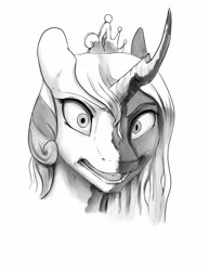 Size: 1785x2310 | Tagged: safe, artist:silfoe, queen chrysalis, alicorn, changeling, changeling queen, pony, g4, black and white, bust, fake cadance, female, grayscale, monochrome, open mouth, portrait, solo
