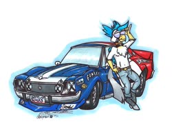 Size: 1024x750 | Tagged: safe, artist:sketchywolf-13, oc, oc only, griffon, anthro, unguligrade anthro, amc, amc javelin, beak, car, clothes, commission, griffon oc, male, pants, pose, racecar, simple background, solo, sunglasses, tail, traditional art, white background