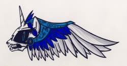 Size: 1024x531 | Tagged: safe, artist:sketchywolf-13, princess luna, alicorn, pony, g4, bone, horn, logo, simple background, skeleton, traditional art, white background, wings