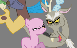 Size: 1143x720 | Tagged: safe, artist:bronybase, discord, oc, draconequus, earth pony, pony, g4, the return of harmony, base, earth pony oc, fangs, frown, gray background, looking at each other, open mouth, raised hoof, simple background, suspicious