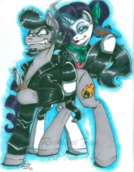 Size: 787x1015 | Tagged: safe, artist:electricpoodle, rarity, oc, oc:sketchy, earth pony, pony, unicorn, g4, art trade, canon x oc, clothes, cutie mark, female, greaser, horn, jacket, knife, leather jacket, male, mare, stallion, tail, traditional art